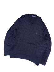Sötétkék vintage kötött pulóver, hímzett logóval, streetwear stílusban