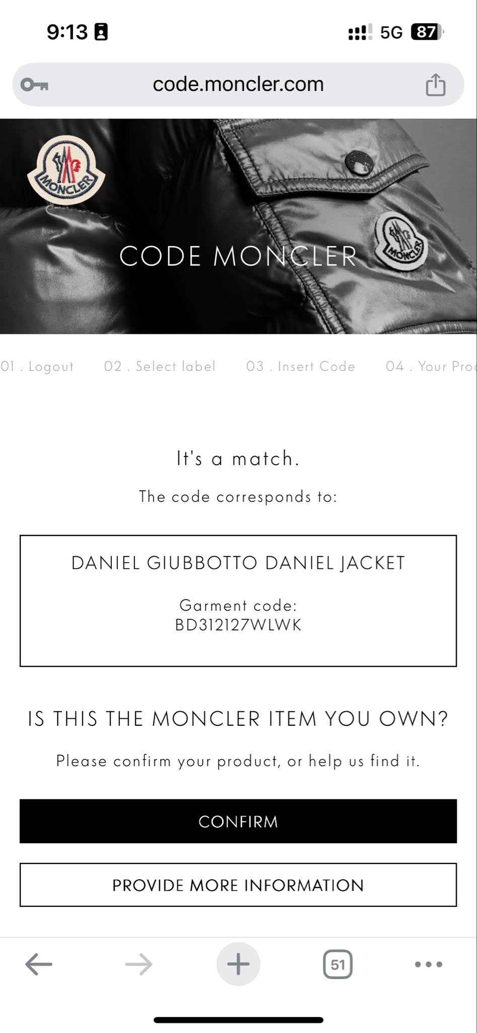 Moncler Daniel pufi dzseki eredetiség-ellenőrző oldal, fekete dzseki Moncler logóval