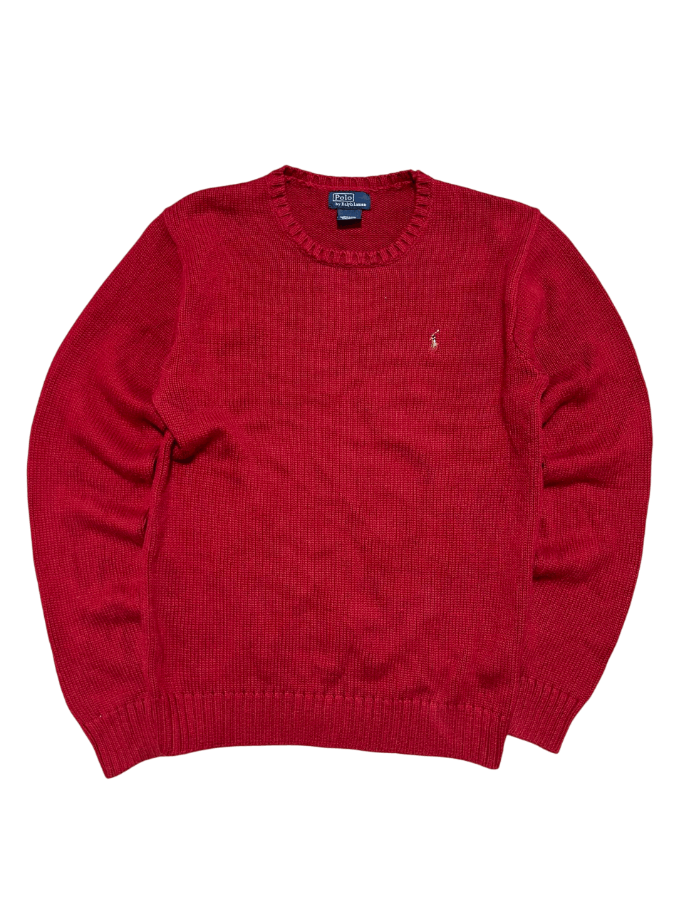 Piros vintage Ralph Lauren kötött pulóver hímzett logóval streetwear stílusban.