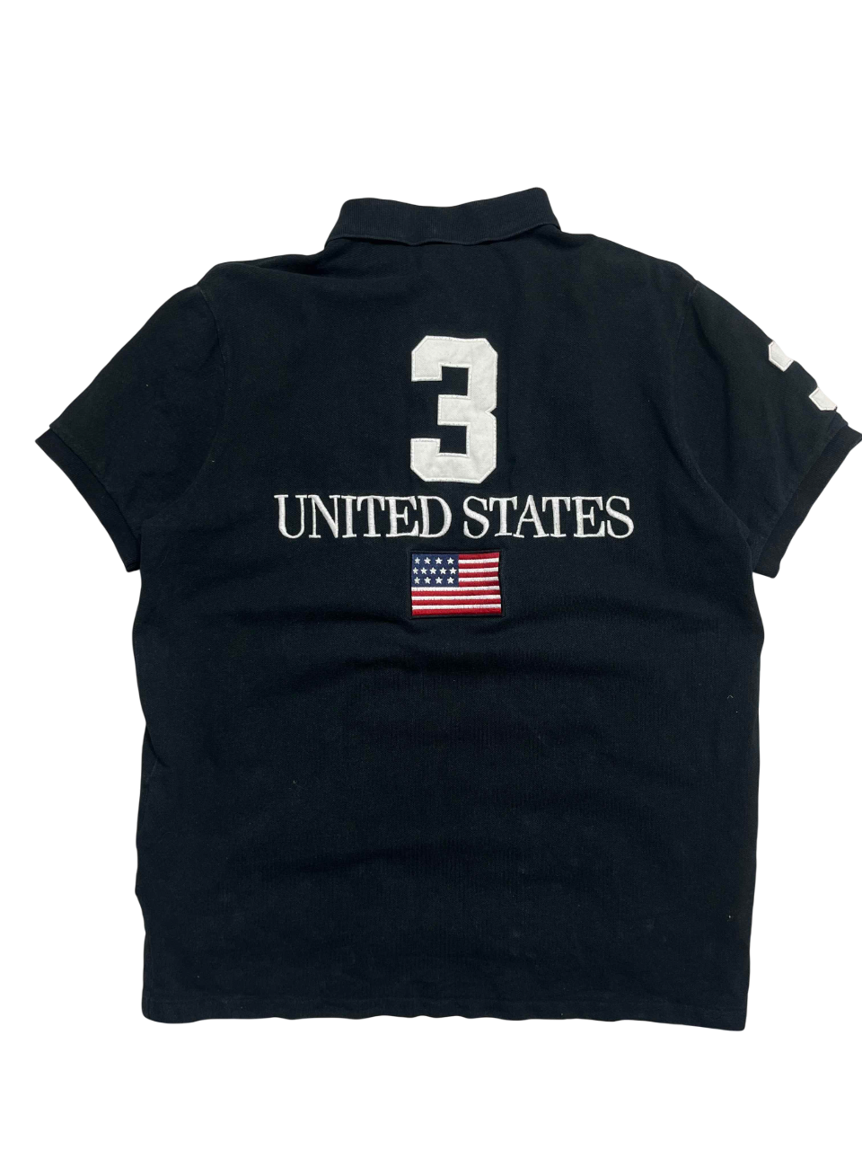 Fekete vintage póló, hátán nagy 3-as szám, United States felirat és amerikai zászló hímzés.