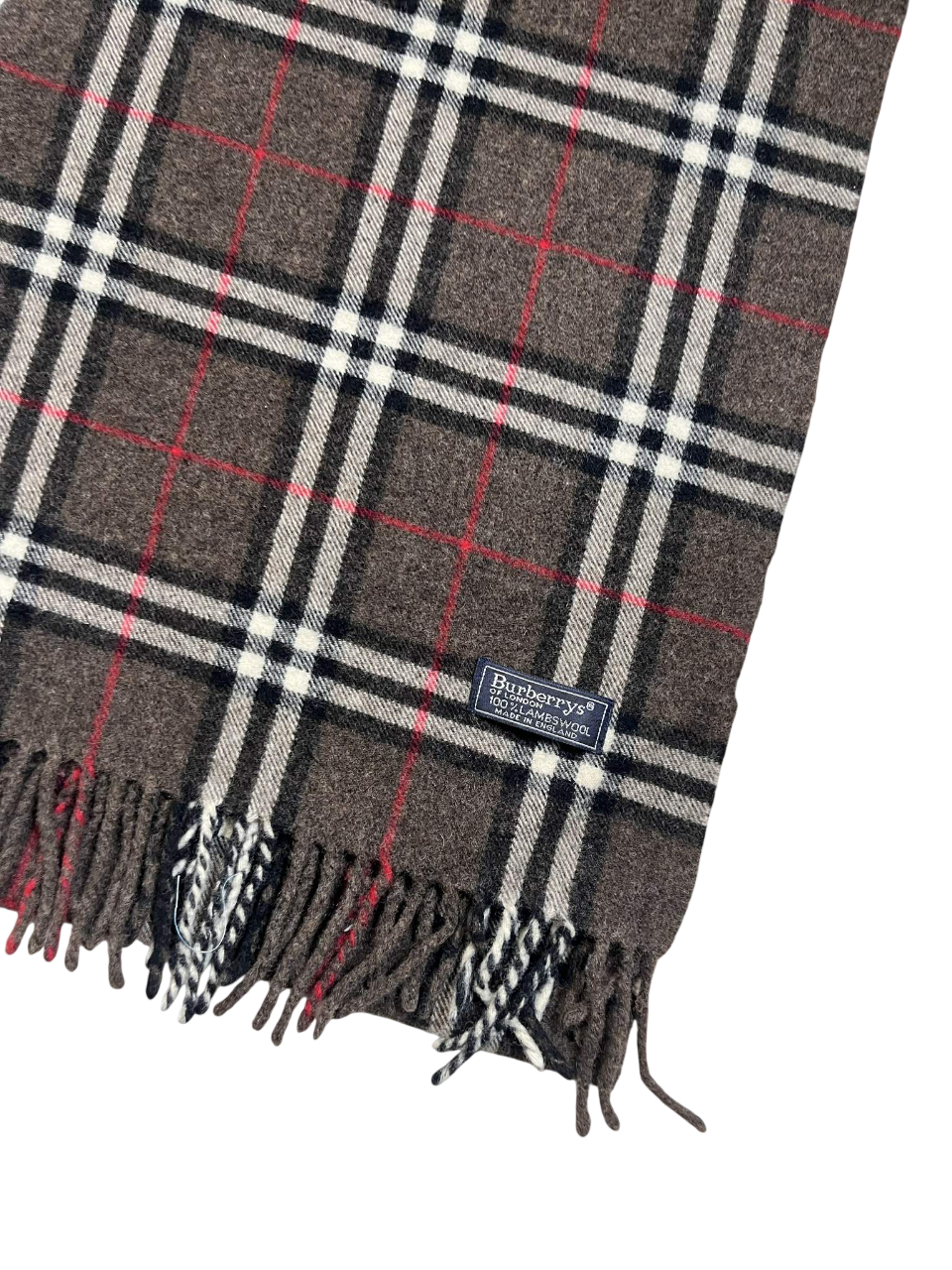 Barna, piros és fehér kockás mintás, rojtos vintage gyapjú sál címkével