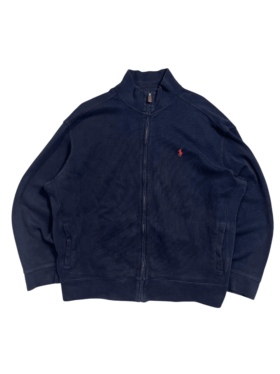 Sötétkék vintage cipzáros streetwear pulóver gallérral, piros hímzett logóval.