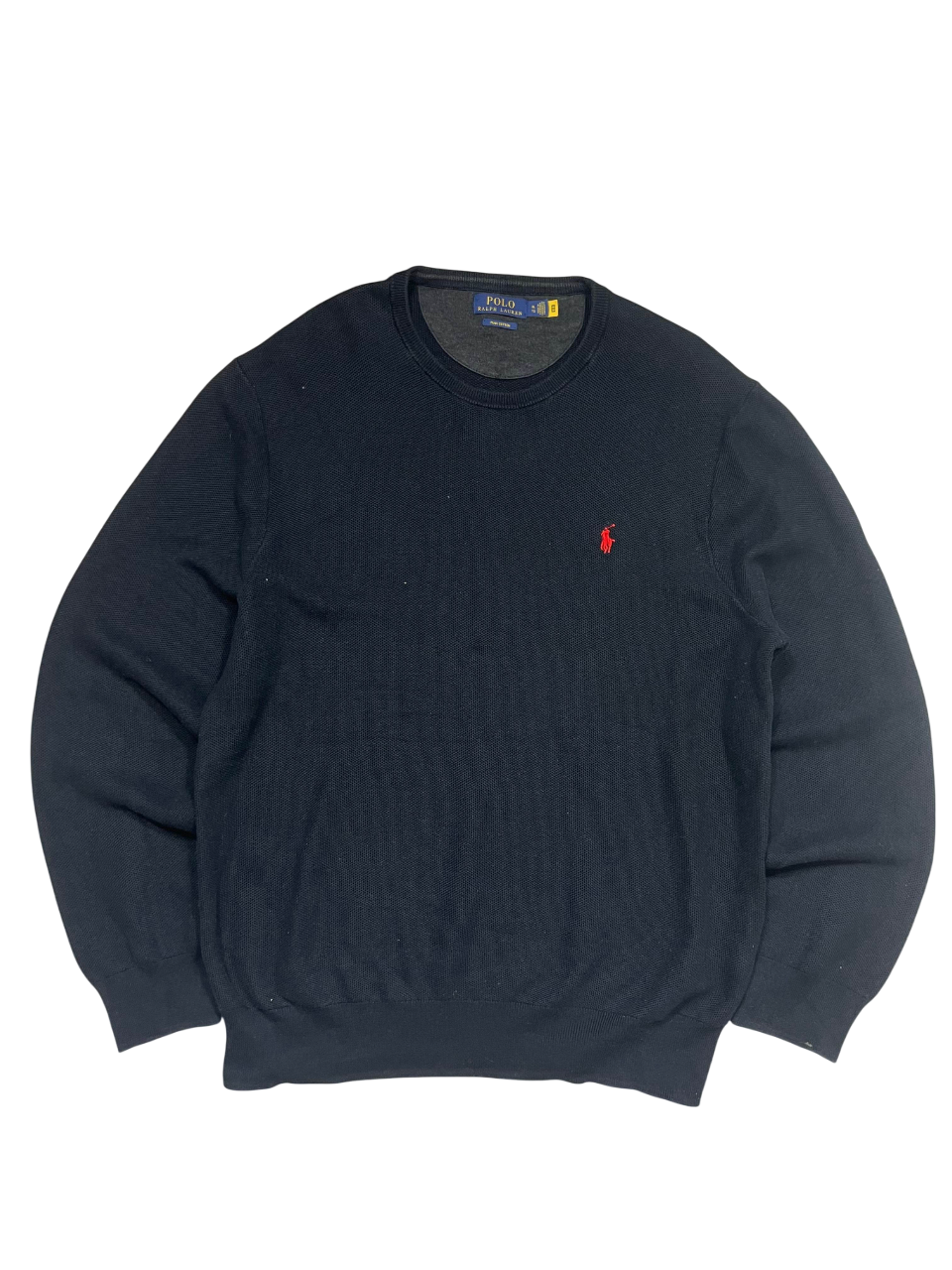 Sötétkék vintage Ralph Lauren pulóver, piros hímzett logóval, streetwear stílusban
