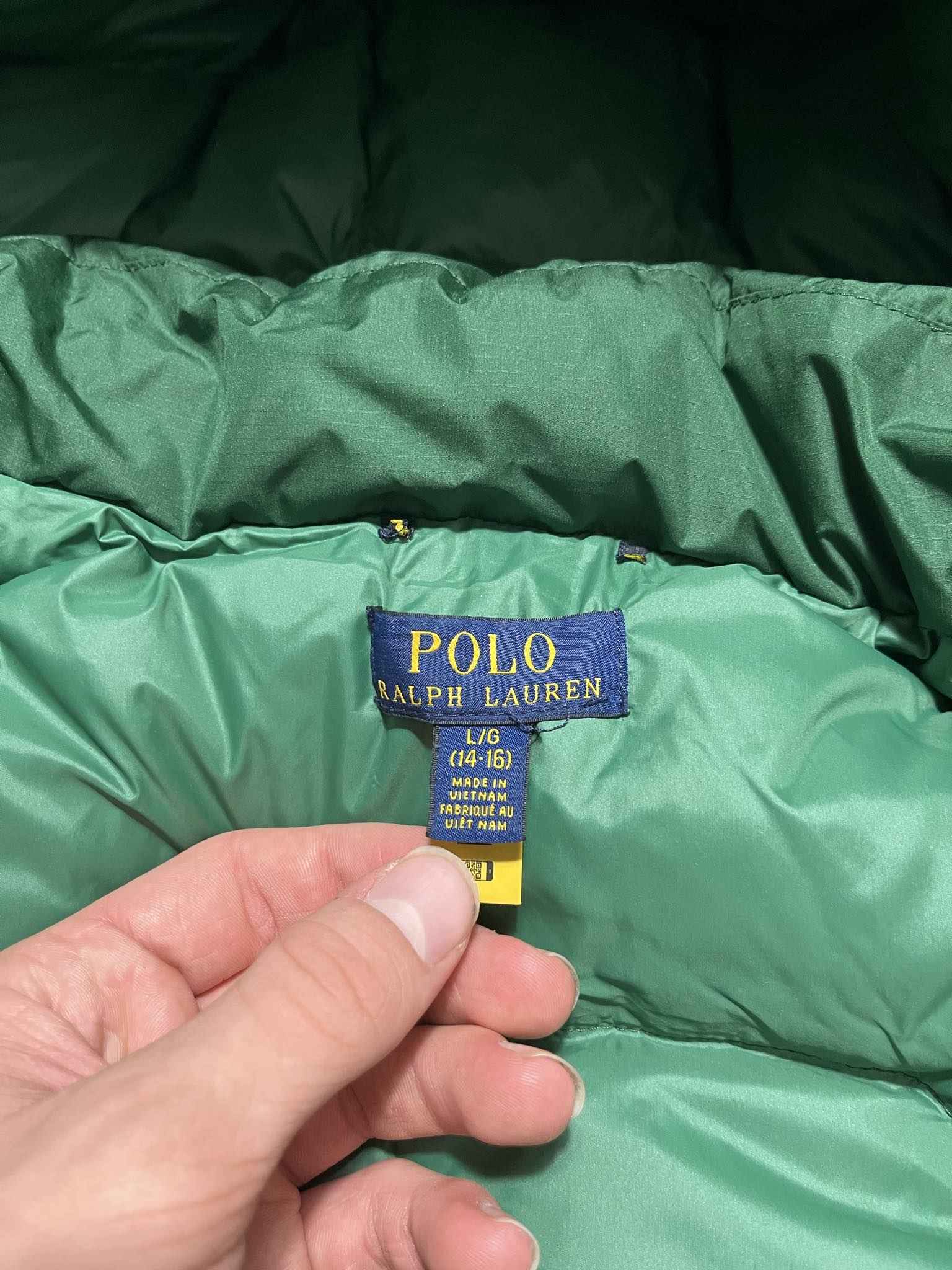 Zöld Polo Ralph Lauren pufi dzseki méretcímkével, vintage streetwear divat