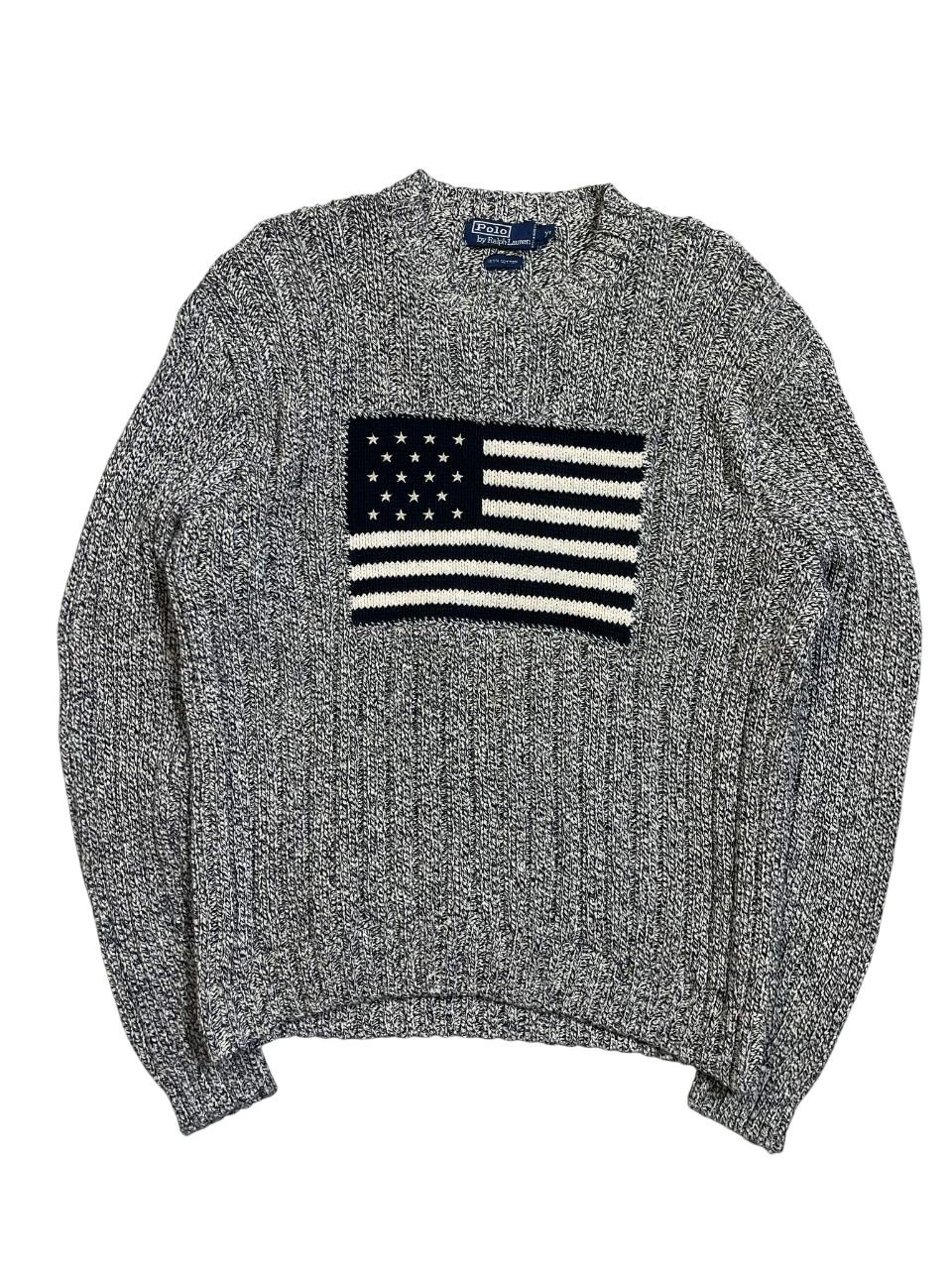 Szürke kötött vintage pulóver amerikai zászló mintával, streetwear stílus