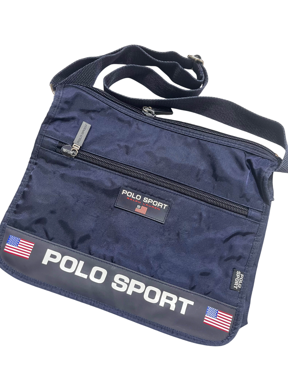 Sötétkék Polo Sport crossbody táska amerikai zászlóval, cipzáras streetwear kiegészítő
