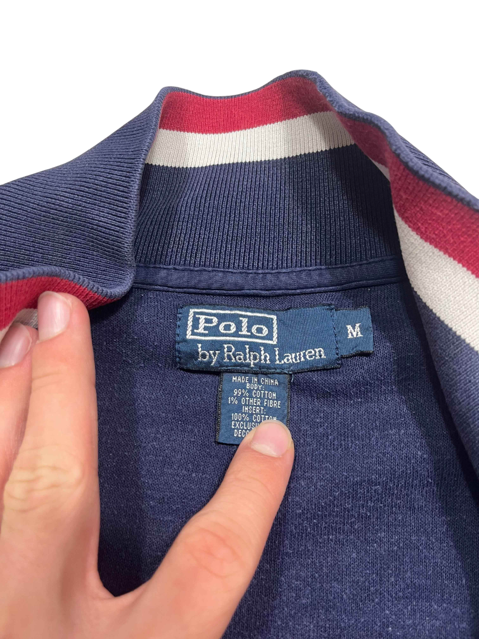 Ralph Lauren Polo galléros pulóver címke, kék-piros-fehér sztreccs gallérral