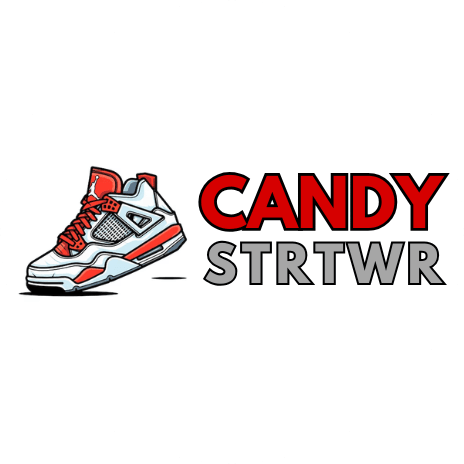 Rajzolt sportcipő és CANDY STRTRWR felirat streetwear logó fehér háttéren