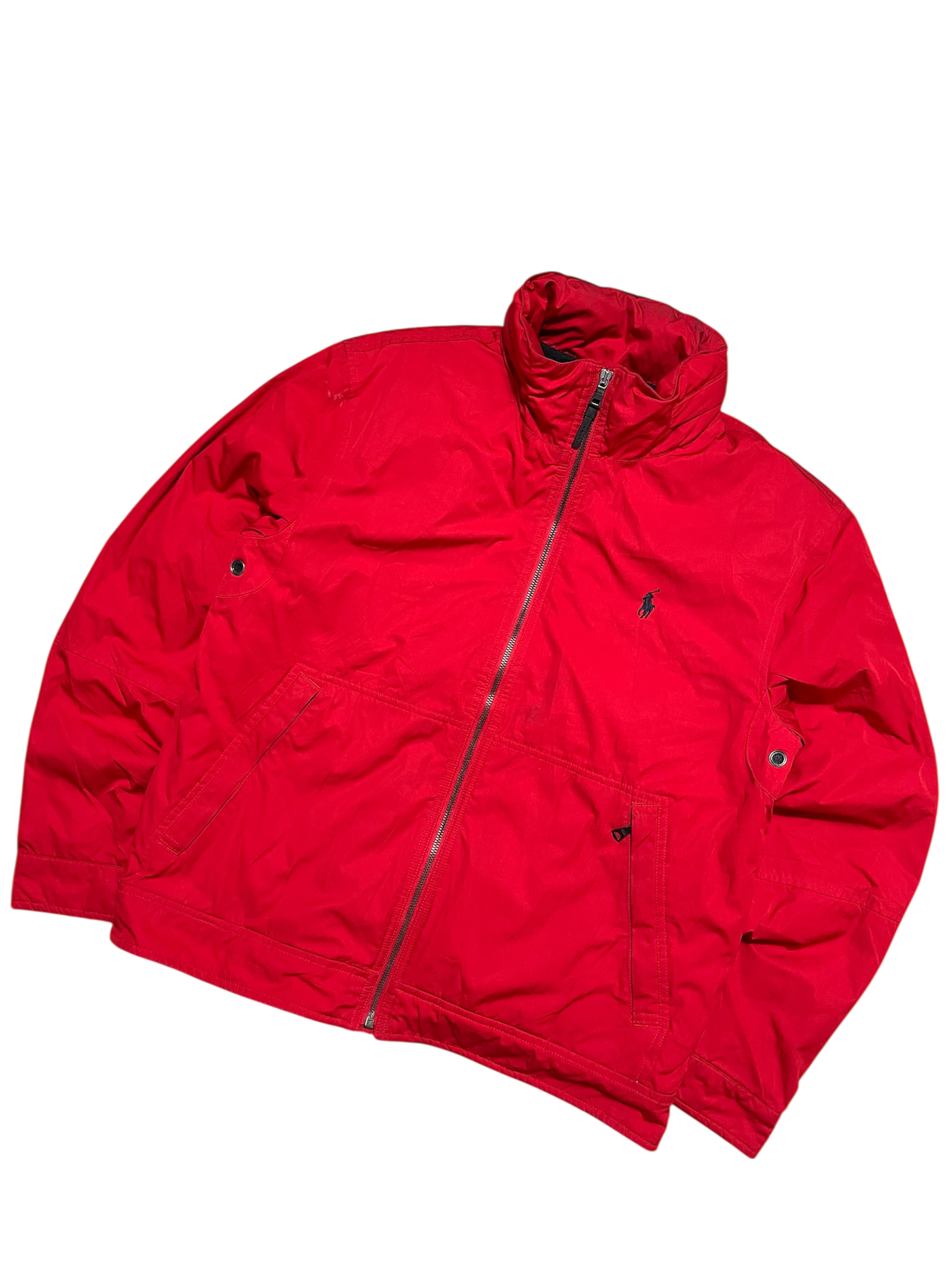 Piros vintage streetwear dzseki, cipzáros, galléros, első zsebekkel, férfi divat