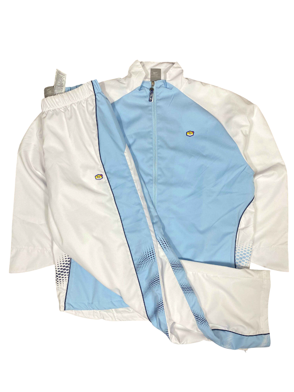 Világoskék-fehér vintage Nike melegítő szett, cipzáros felsővel és nadrággal, logóval