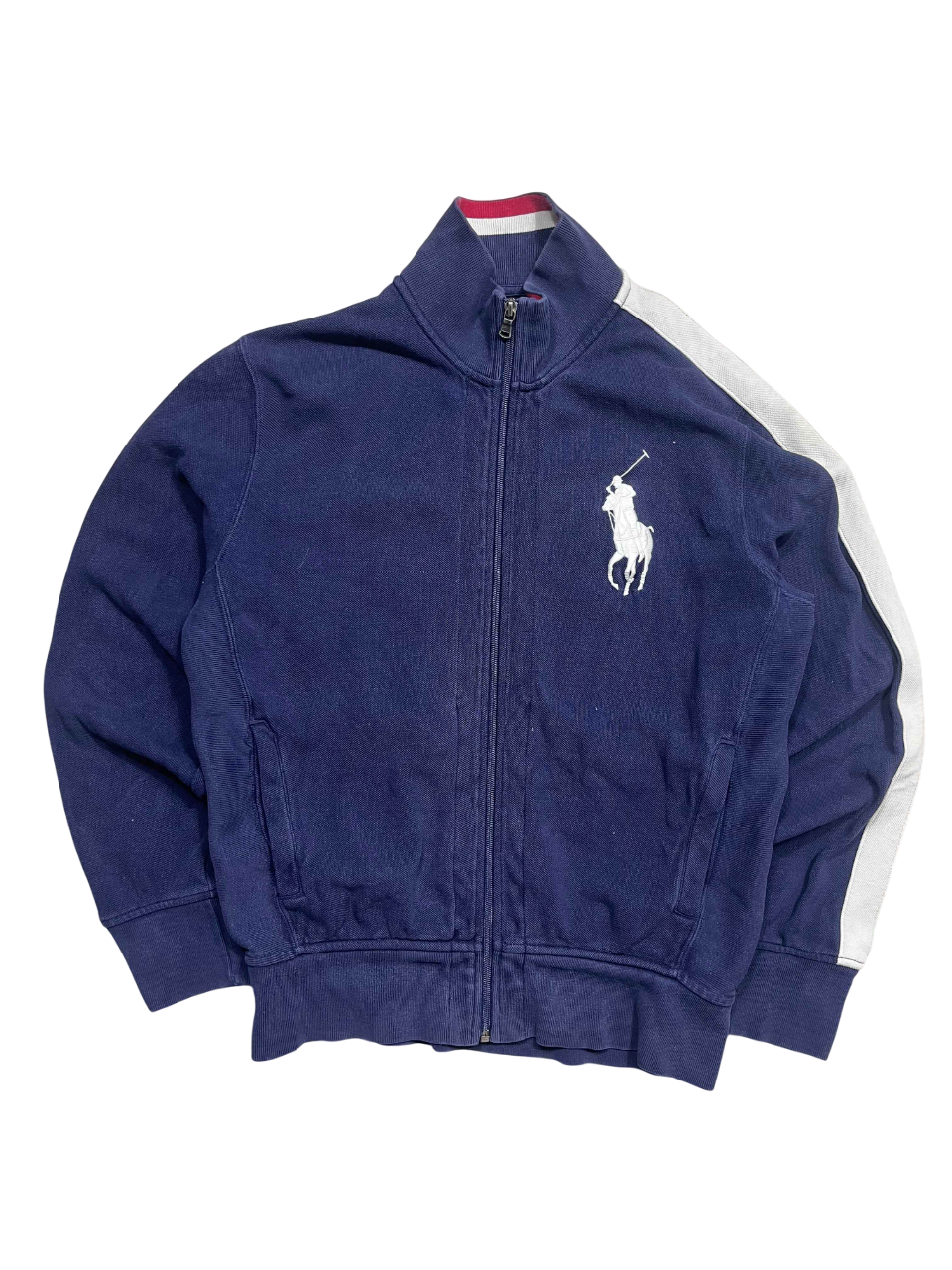 Sötétkék vintage streetwear melegítőfelső fehér logóval és csíkos ujjal