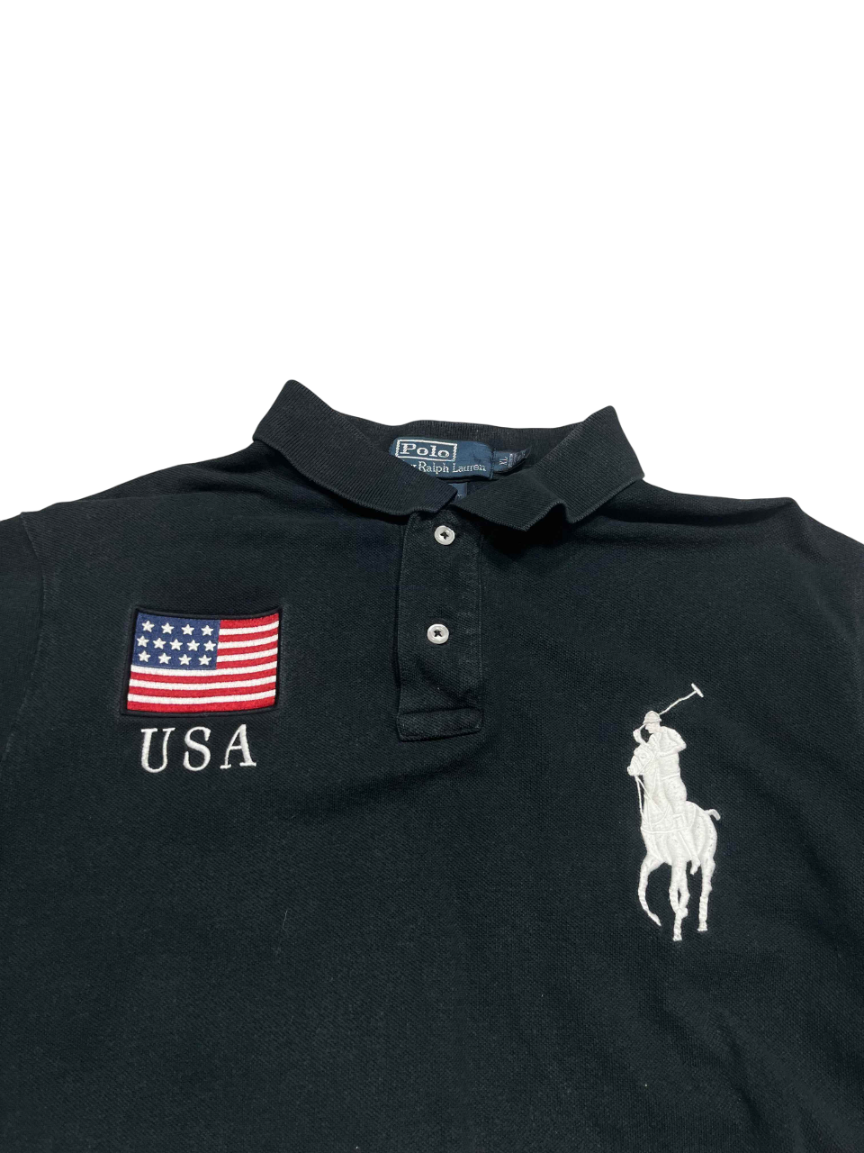 Fekete Polo Ralph Lauren galléros póló USA zászló és lovas logó hímzéssel