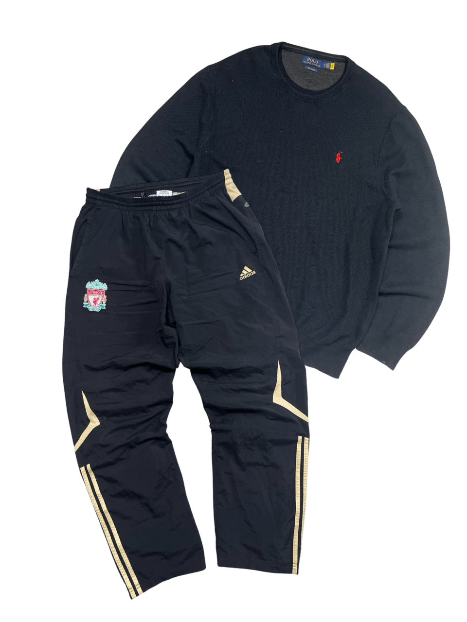Fekete Ralph Lauren pulóver és Adidas Liverpool melegítő vintage streetwear szett