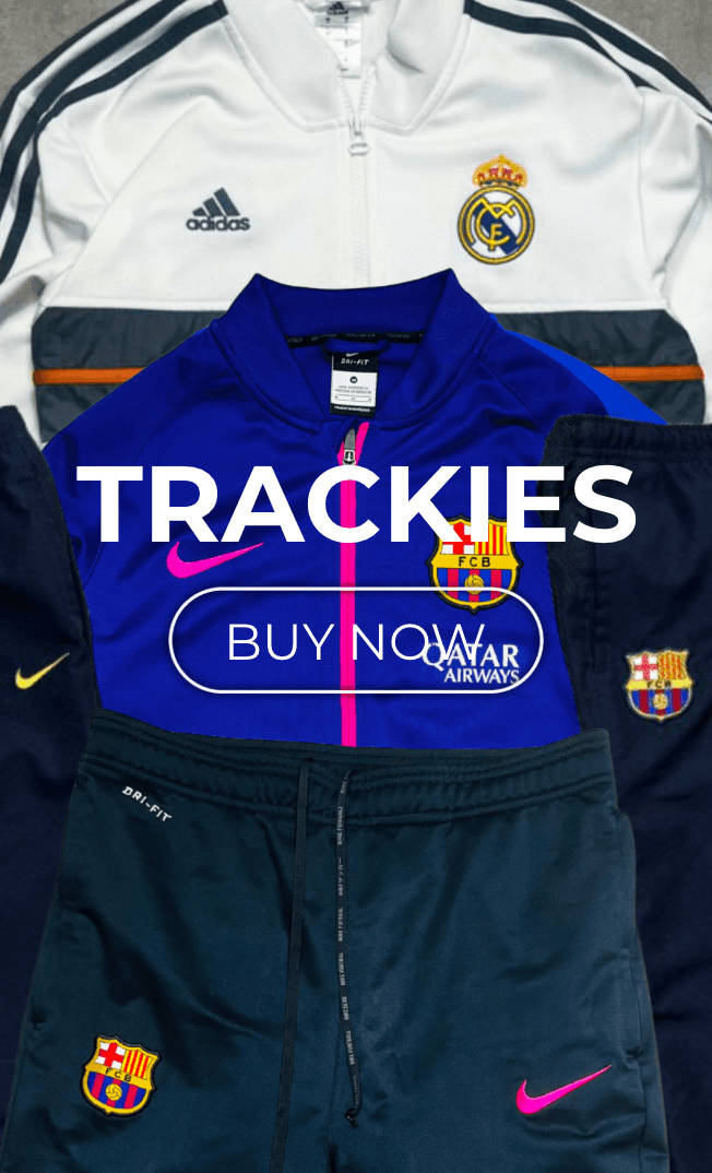 Férfi Real Madrid és Barcelona edzőruhák, Adidas és Nike logókkal, kék és fehér színekben