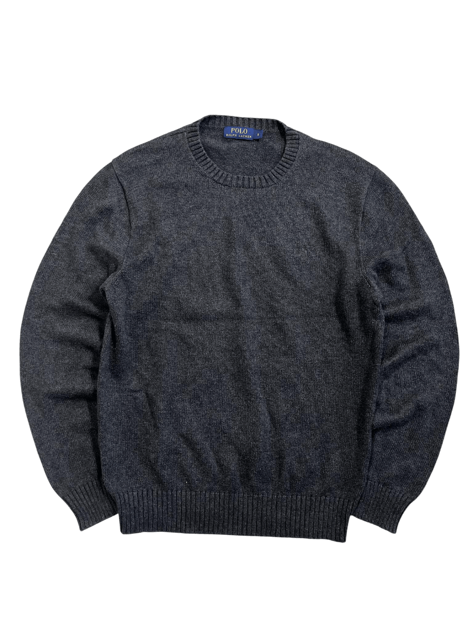 Sötétkék vintage Ralph Lauren kötött pulóver, kerek nyakkal és logóval, streetwear stílus