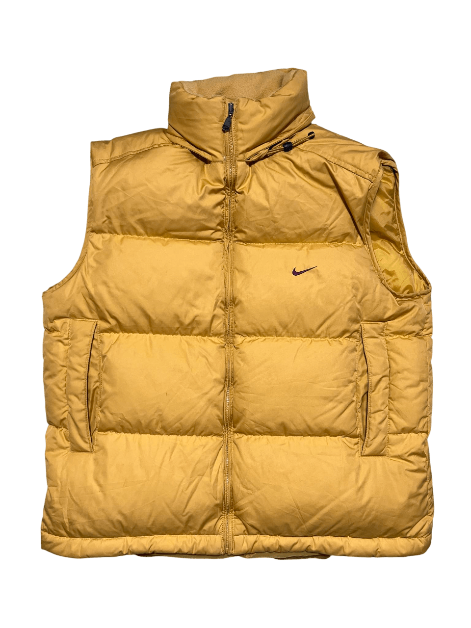 Sárga Nike pufi mellény cipzárral, vintage streetwear stílus, férfi ruházat