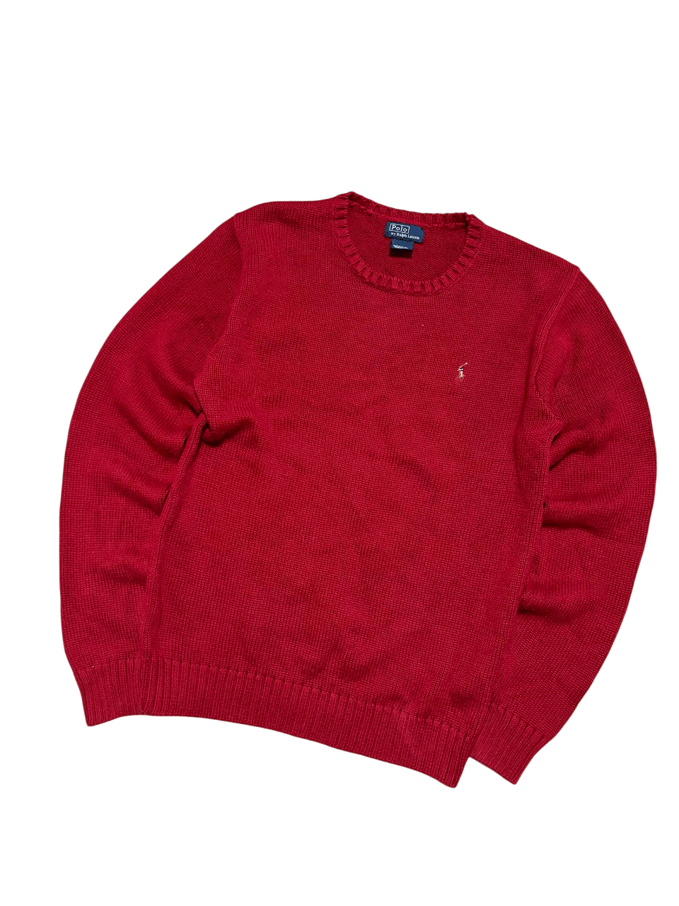 Piros vintage streetwear kötött pulóver, hímzett logóval, kerek nyakkivágással.