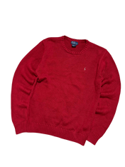 Piros vintage streetwear kötött pulóver, hímzett logóval, kerek nyakkivágással.
