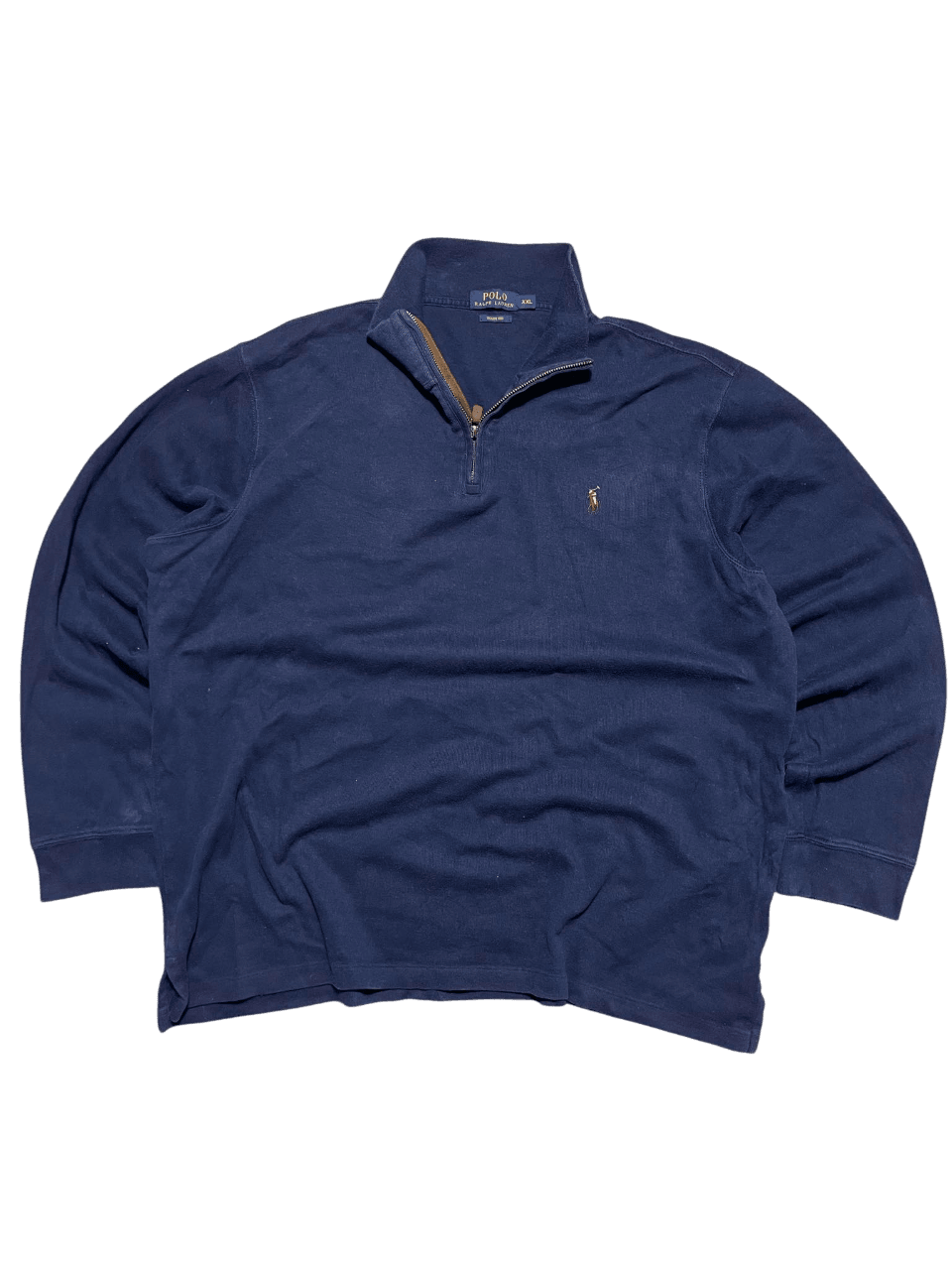 Sötétkék vintage Ralph Lauren pulóver cipzáros gallérral, klasszikus streetwear stílus