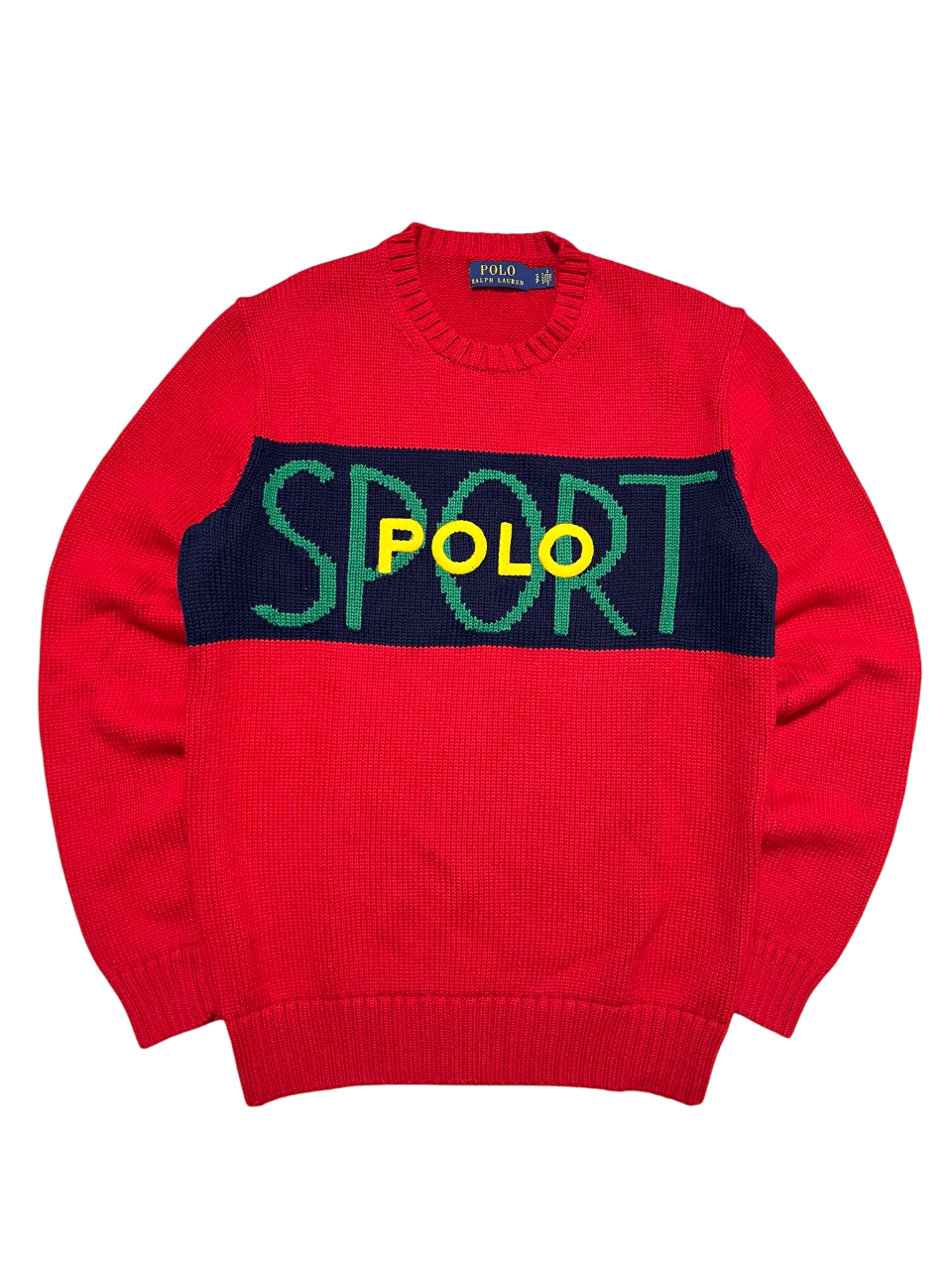 Piros vintage kötött pulóver, elöl sötétkék sávban zöld SPORT, sárga POLO felirat