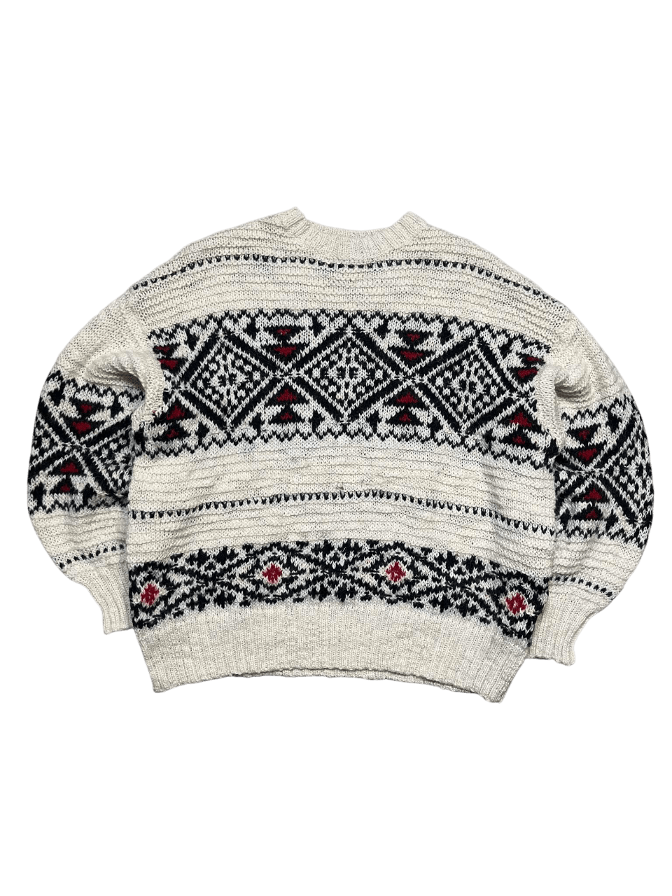 Vintage stílusú, fekete-fehér norvég mintás pulóver piros díszítéssel, streetwear divat