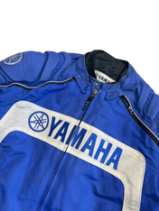 Yamaha logós vintage kék motoros dzseki elöl cipzáros, fehér díszítéssel