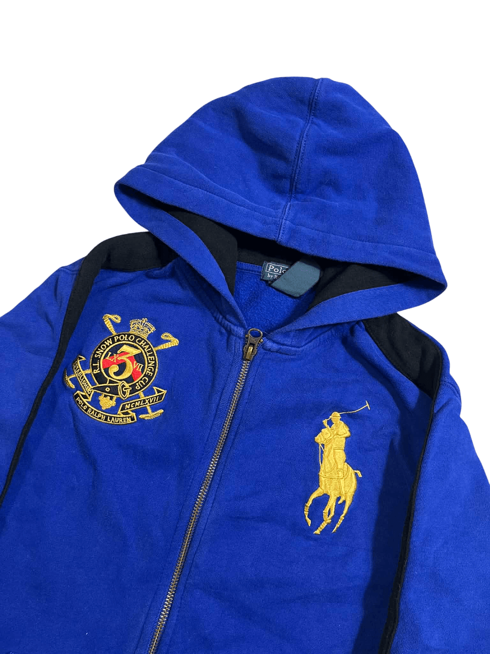 Kék kapucnis Ralph Lauren streetwear pulóver arany hímzett logóval és címerrel