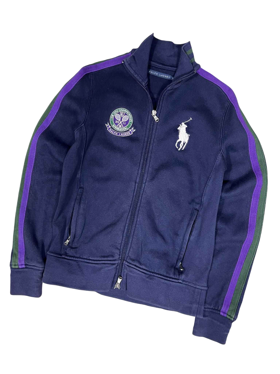Sötétkék Ralph Lauren streetwear pulóver lila csíkkal, Wimbledon logóval, cipzáras fazon