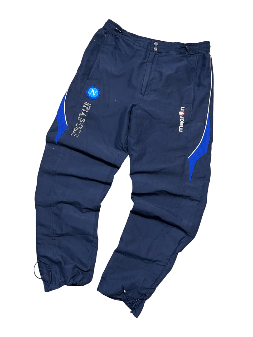 Sötétkék SSC Napoli vintage melegítőnadrág macron logóval, sportos streetwear stílus