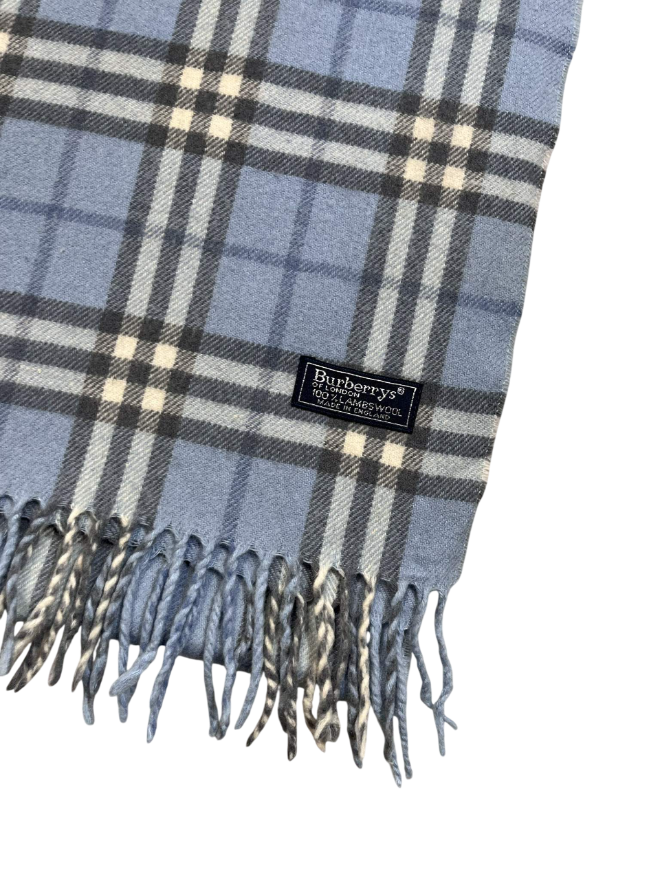Kék kockás mintás vintage gyapjú sál rojtos véggel, designer feliratos címkével