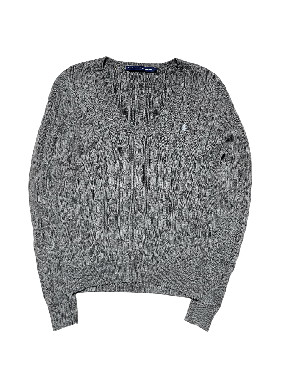 Szürke kötött V-nyakú pulóver hímzett logóval, vintage streetwear stílusban.