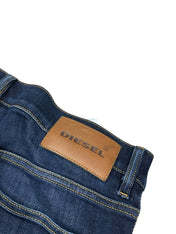 Candy Streetwear sötétkék Diesel D-Luster slim farmernadrág barna bőr logós címkével és kontrasztos varrással