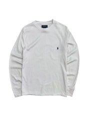 Candy Streetwear fehér, hosszú ujjú, texturált waffle kötésű Polo Ralph Lauren felső sötétkék hímzett logóval.