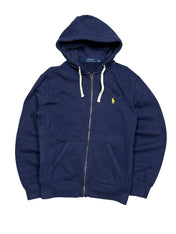 Candy Streetwear sötétkék Polo Ralph Lauren cipzáras kapucnis pulóver sárga hímzett logóval és világos zsinórral