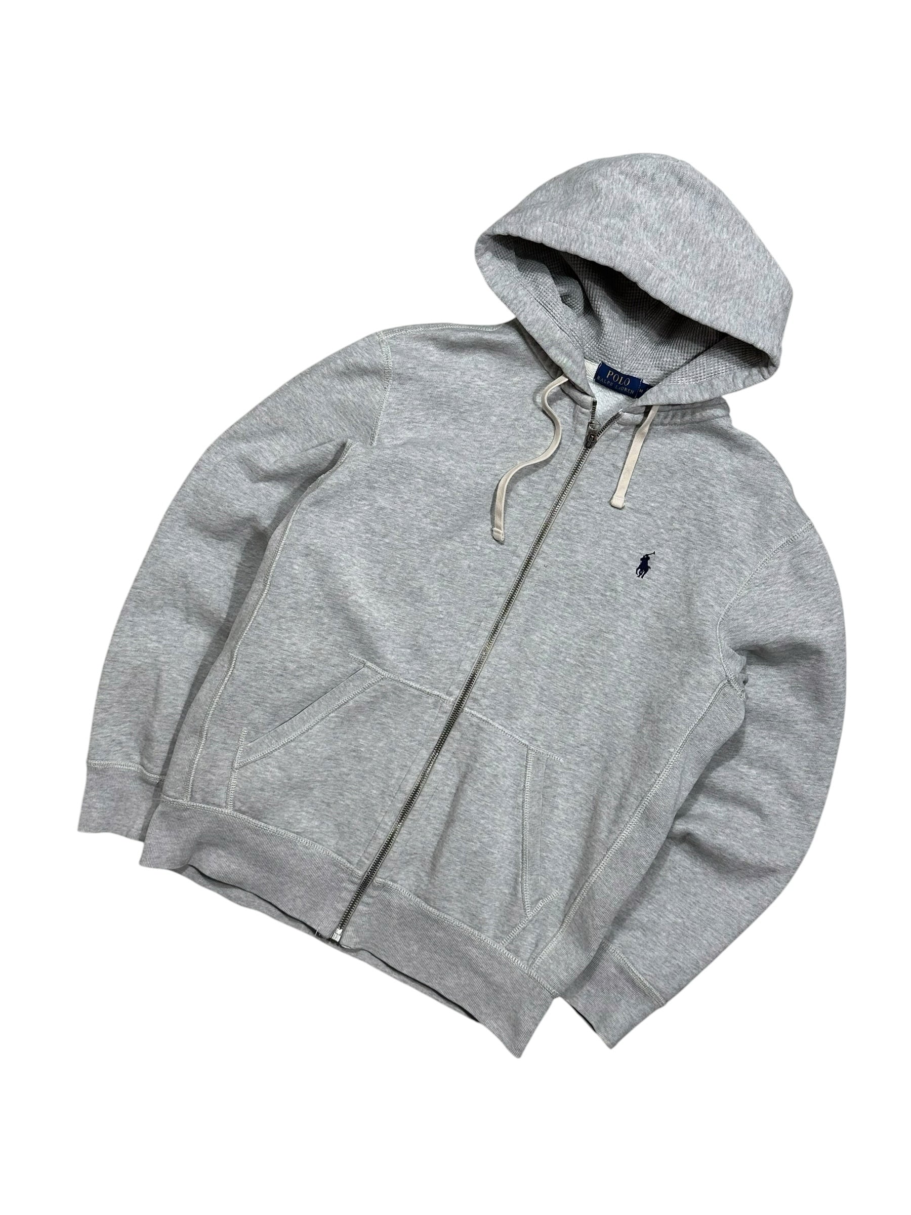 Candy Streetwear szürke Polo Ralph Lauren cipzáras kapucnis pulóver sötétkék hímzett logóval és kenguruzsebekkel