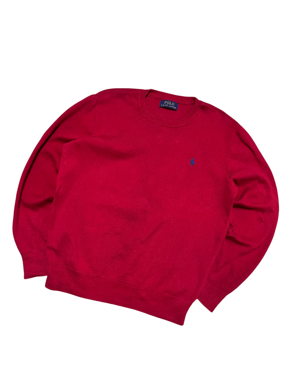Vintage piros Ralph Lauren pulóver, kerek nyakkal és hímzett logóval, streetwear divat