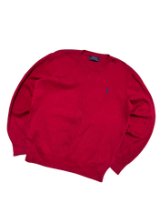 Vintage piros Ralph Lauren pulóver, kerek nyakkal és hímzett logóval, streetwear divat