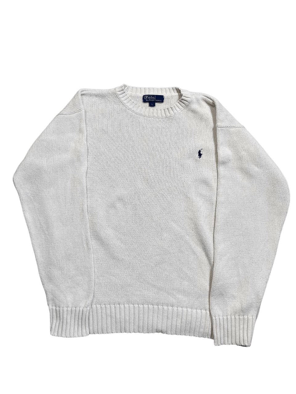 Fehér vintage Ralph Lauren pulóver hímzett logóval, kerek nyakkal, streetwear stílusban.