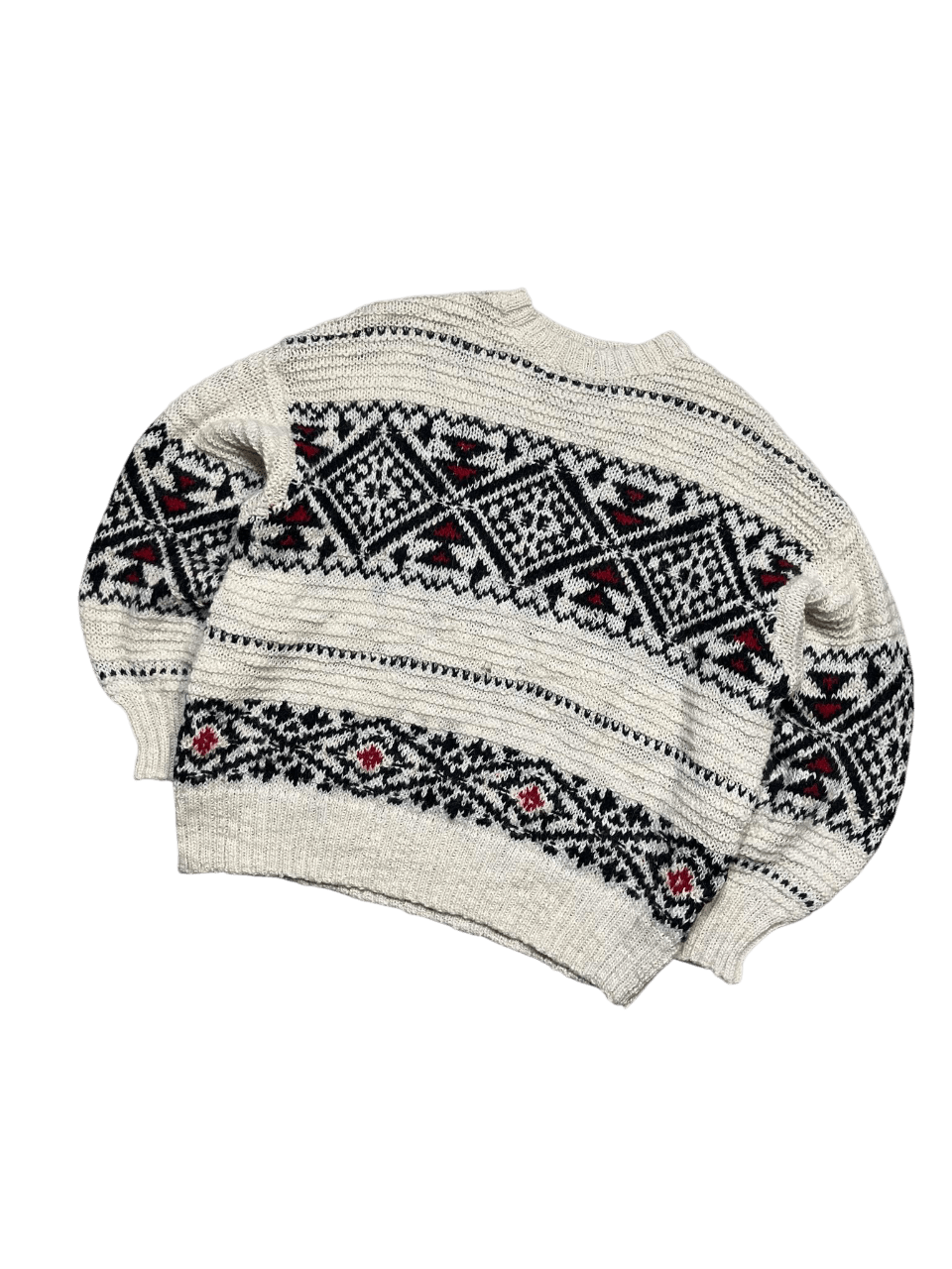 Kötött vintage pulóver skandináv mintákkal, fekete-fehér-piros színekben, streetwear stílus