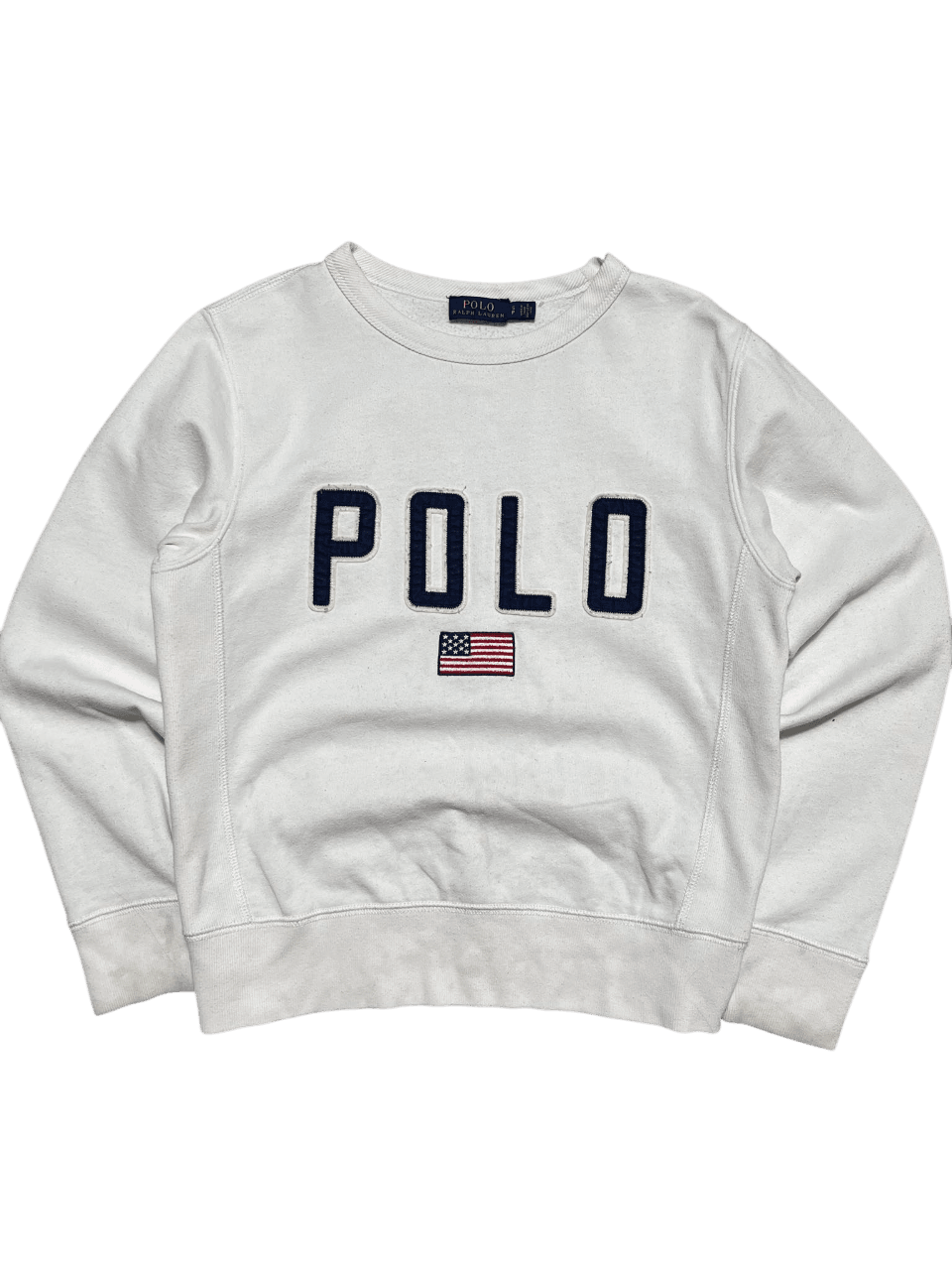 Fehér vintage streetwear pulóver, elöl POLO felirattal és amerikai zászlóval díszítve.