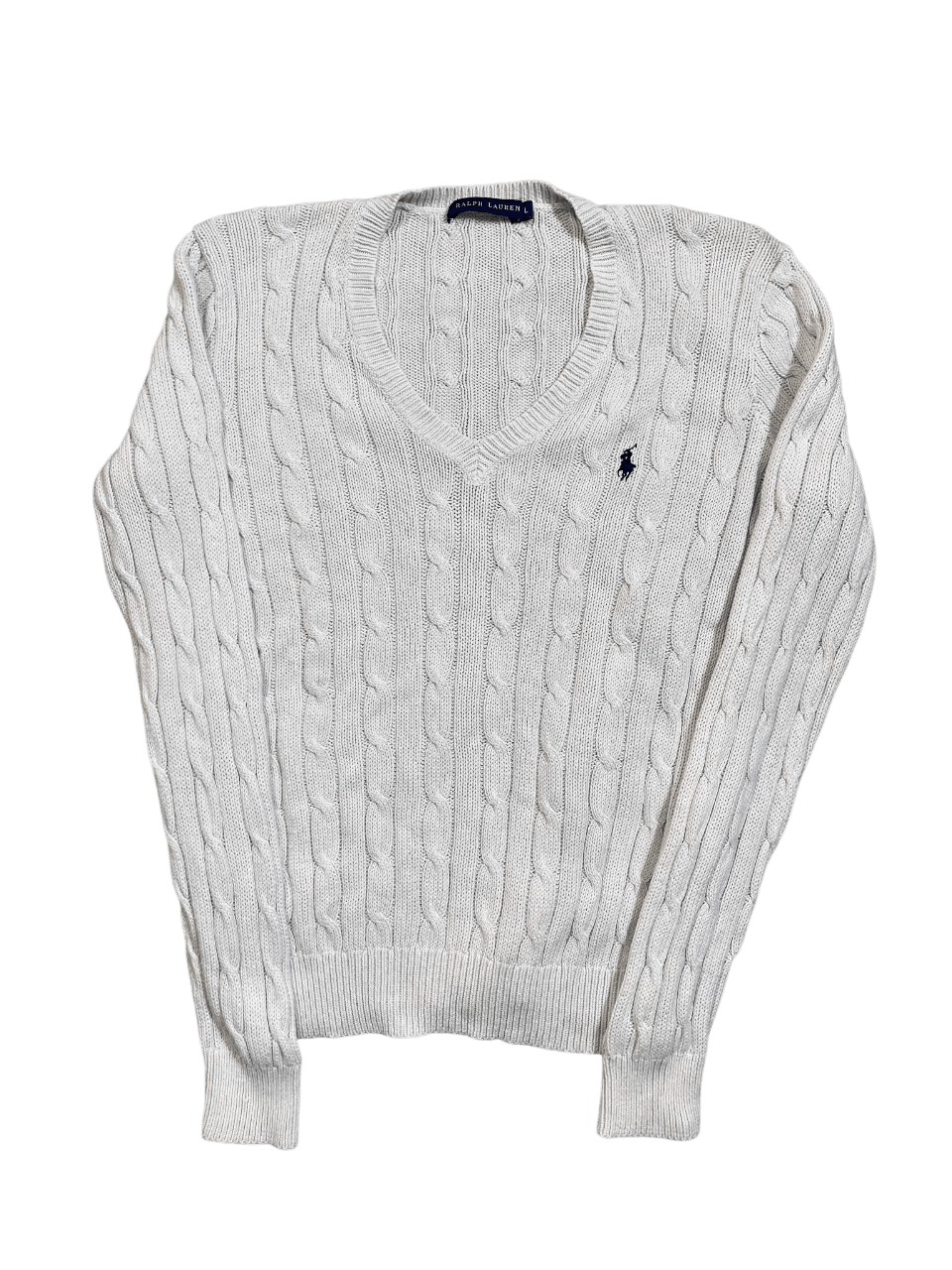 Fehér kötött vintage pulóver V-nyakkivágással, rávarrt logóval, streetwear stílus