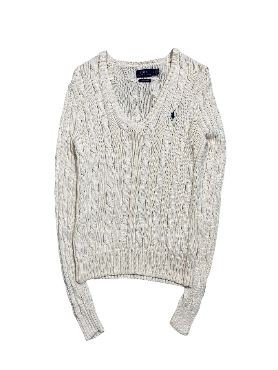 Fehér, kötött vintage V-nyakú pulóver, hímzett logóval, streetwear stílusban