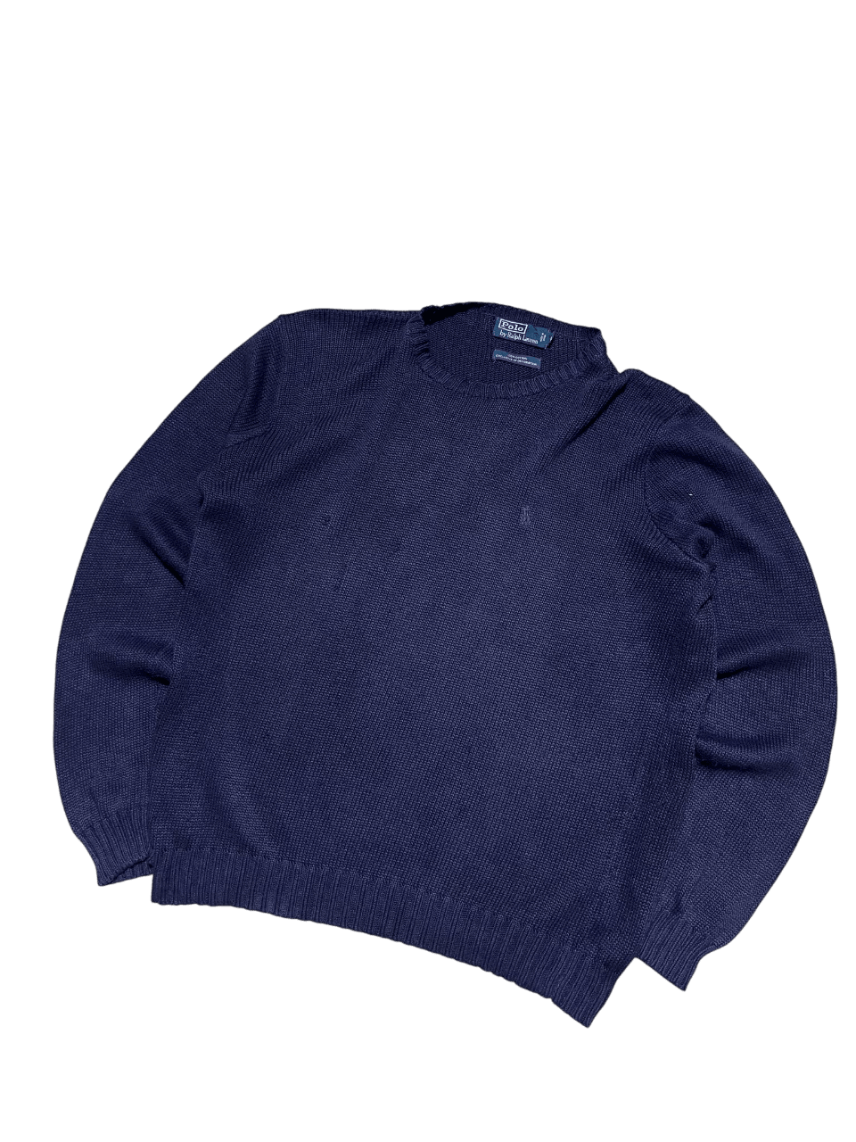 Sötétkék vintage kötött pulóver, streetwear stílus, kerek nyakkal, férfi divat