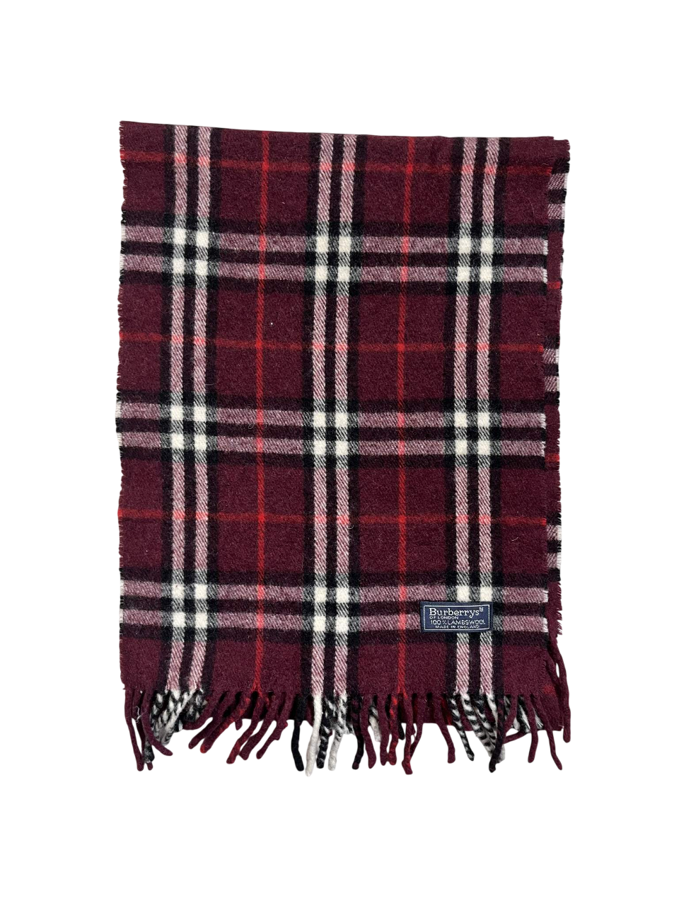 Bordó kockás vintage Burberry sál, 100% gyapjú, rojtos széllel, streetwear stílus