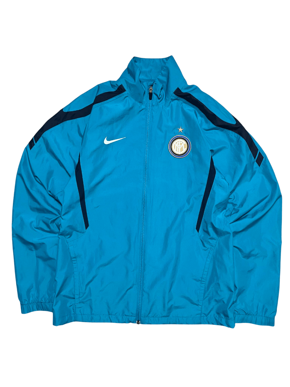 Kék vintage Nike sportdzseki Inter Milan logóval, cipzáros, streetwear stílusban.