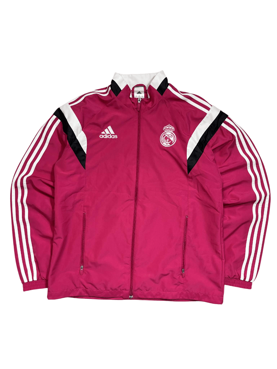 Fukszia színű Adidas Real Madrid vintage kabát fehér csíkokkal, elöl cipzárral.