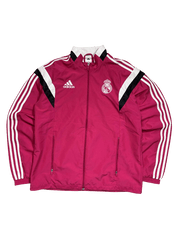 Fukszia színű Adidas Real Madrid vintage kabát fehér csíkokkal, elöl cipzárral.