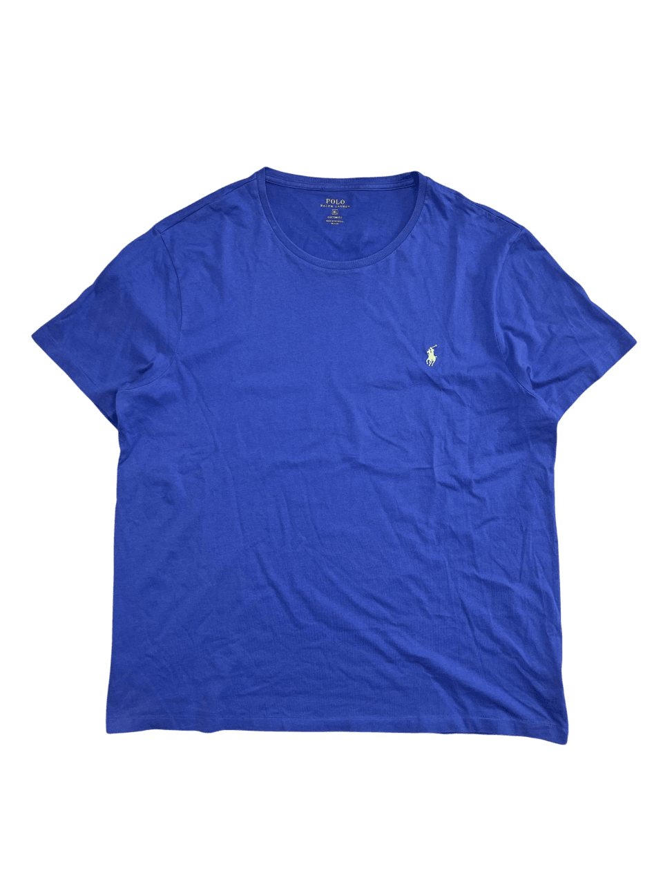 Kék, rövid ujjú, vintage Polo Ralph Lauren póló fehér logó hímzéssel, streetwear stílusban.