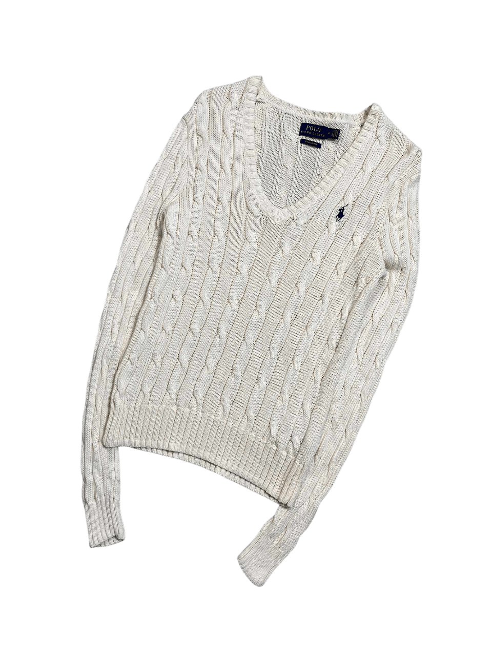 Fehér, kötött, V-nyakú vintage pulóver hímzett logóval, streetwear stílusban