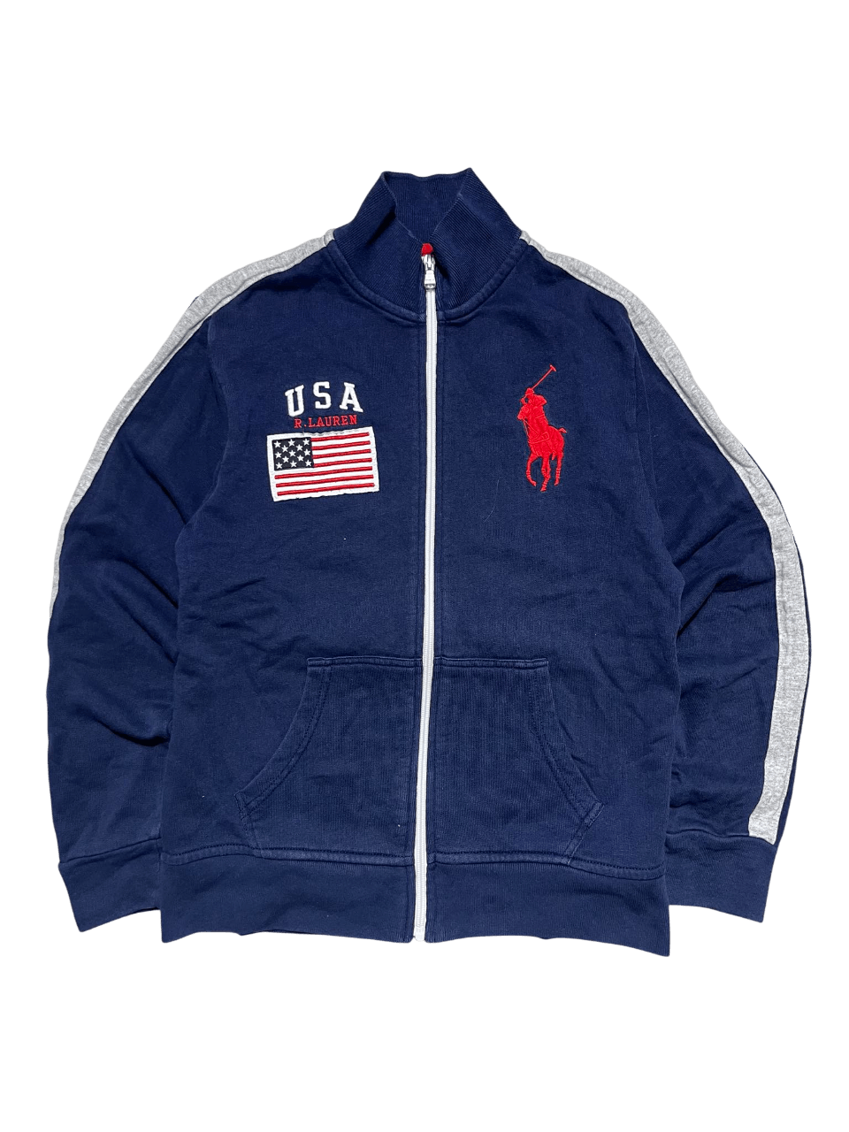 Sötétkék vintage Ralph Lauren streetwear zipzáras pulóver, USA zászló és piros logóval.